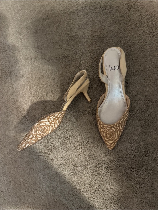Impo Shoes - Impo Gold and Beige Embroidered Pointed Toe Slingback Heels